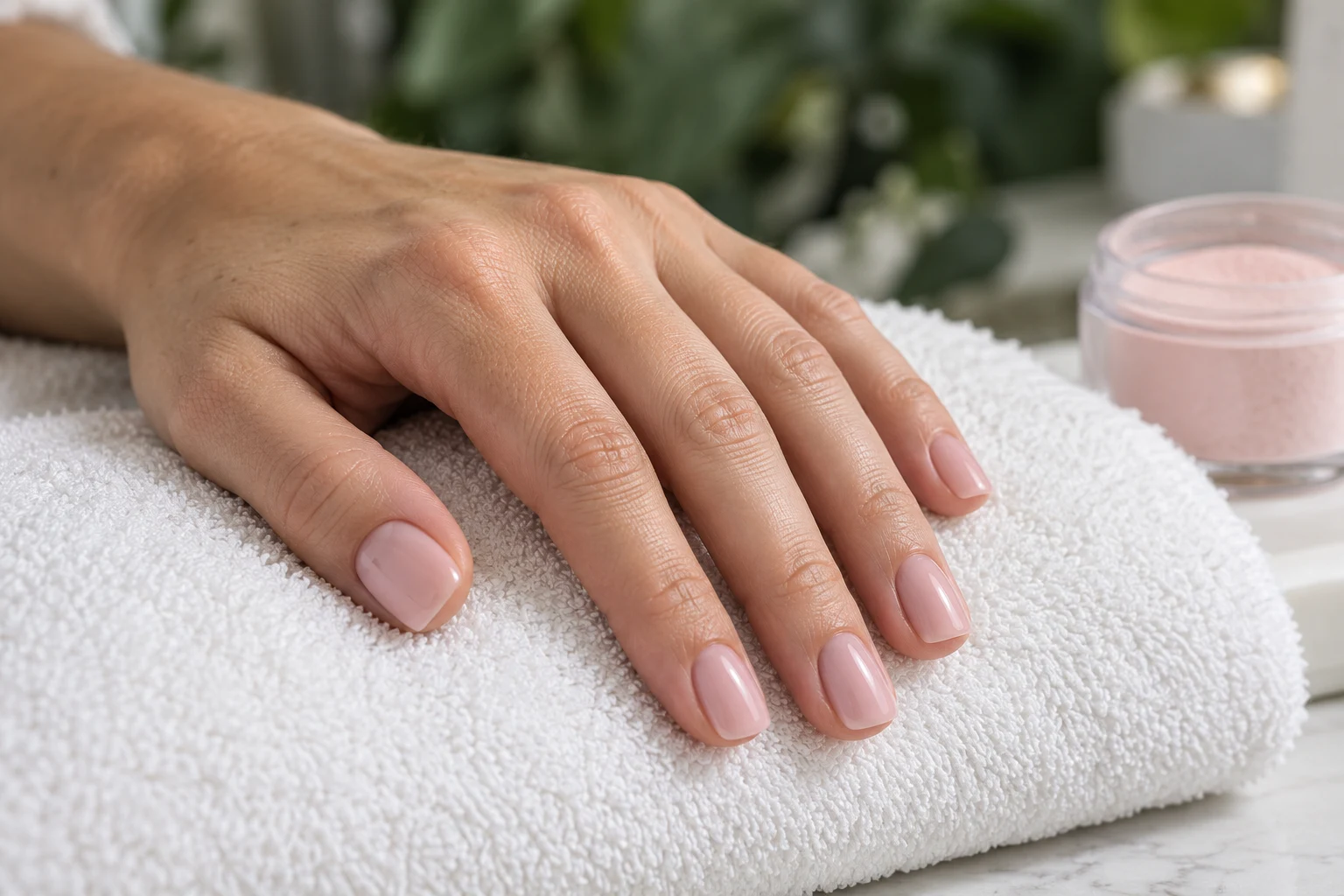 Illustration of a natural pink dip overlay manicure