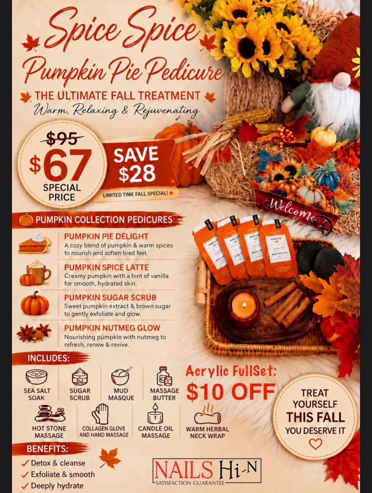 Spice Spice Pumpkin Pie Pedicure promotion flyer: $95 to $67, save $28; Acrylic Full Set $10 off