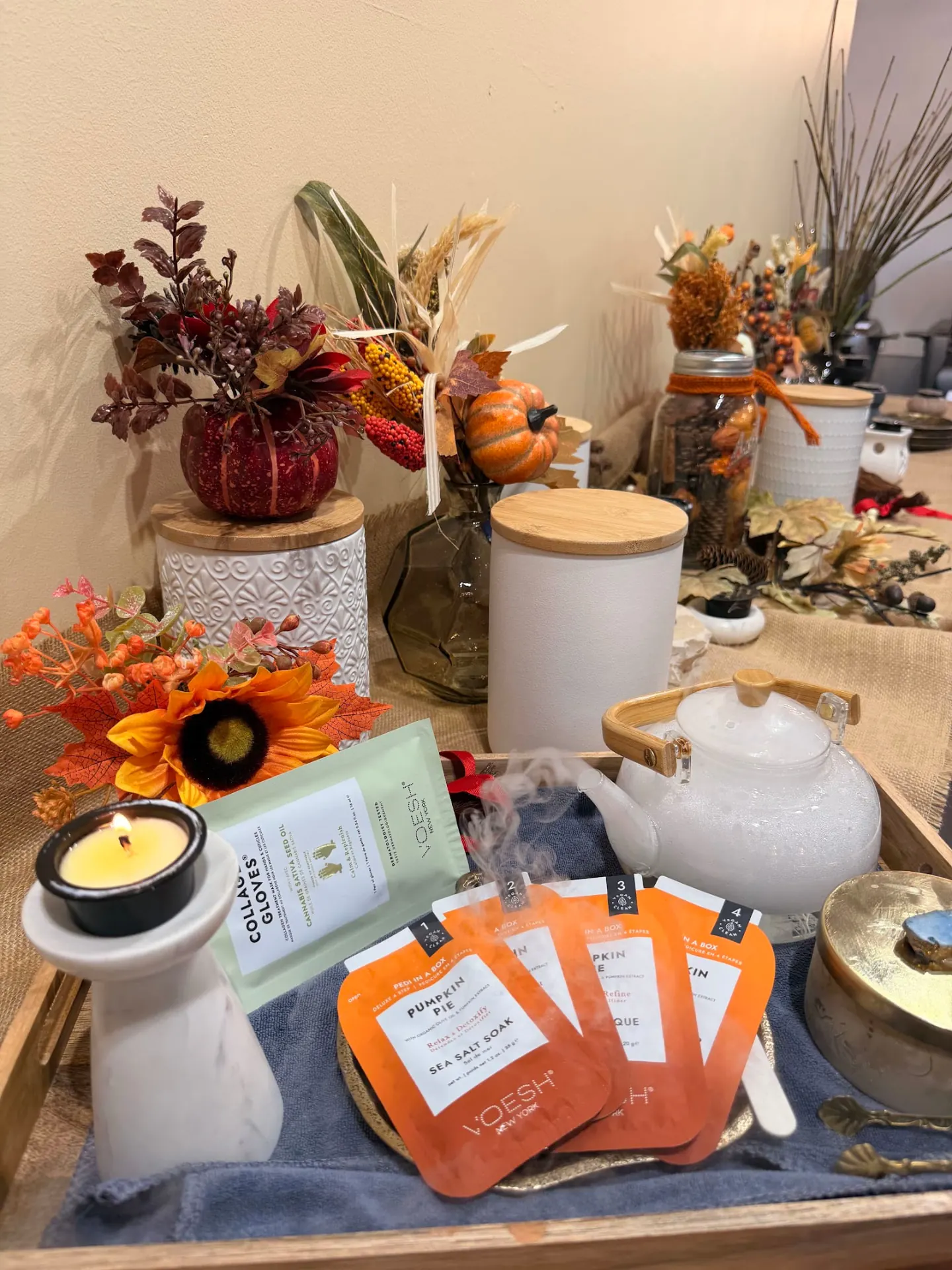 Fall Pumpkin Pie pedicure tray with candle and pumpkin spa products
